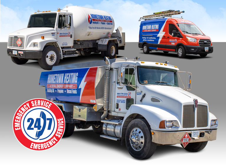 Hometown Heating's fleet of oil delivery trucks, propane delivery trucks and service vehicles